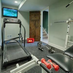 Workout equipment in basement home gym