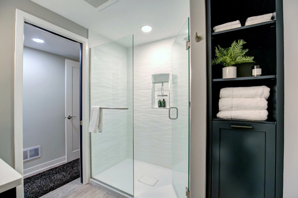 Textured bathroom tile in shower